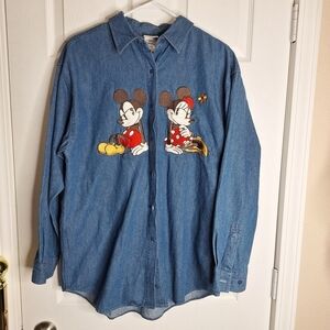 Vintage Disney Store Blue Denim Button-Down Shirt Mickey and Minnie Size Large